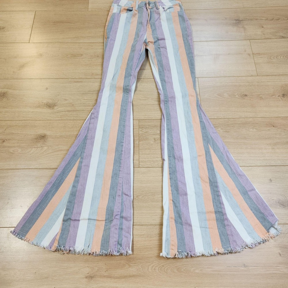 Saints & Hearts Flare Jeans Womens Small Multicolor Stripe High Rise Fringe